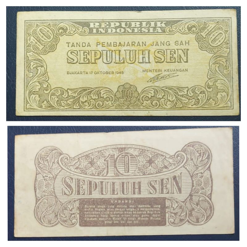 Uang Kuno Indonesia 10 Sen Ori tahun 1945 Kondisi XF -AUNC original 100% Kertas Utuh