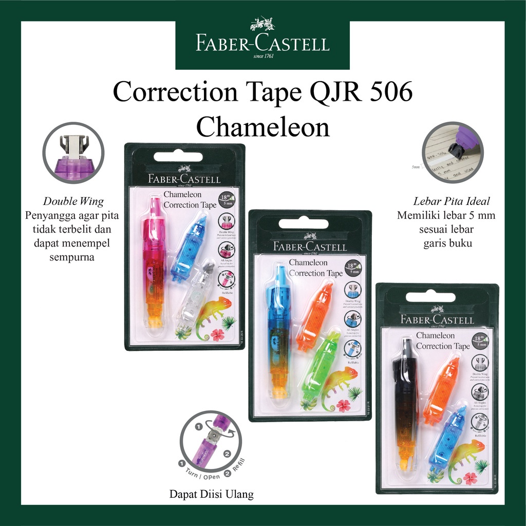 

FABER CASTELL - PITA KOREKSI / TIP X KERTAS GULUNG / CORRECTION TAPE CHAMELEON + 2 REFILL BARREL WARNA BLUE, BLACK , DAN PINK