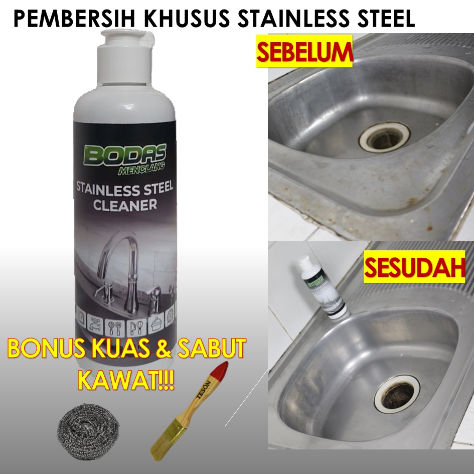 BODAS Pembersih Stainless Steel Cleaner Kran Air Shower Wastafel Alat Dapur ( Bonus Kuas dan Sabut Kawat)