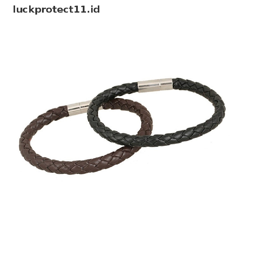 /Fashion Hot// Fashion// Wanita Pria Hitam Kulit Charm Gelang Stainless Steel Gelang Gesper Magnet.