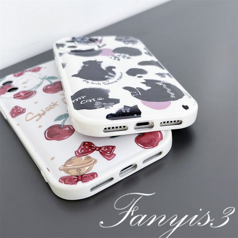 Compatible For iPhone 14 13 12 11 Pro Max X XR Xs Max 8 7 6 6s Plus SE 2020 Kompatibel Untuk Sweet Cherry Black Cat Phone Case TPU Soft Cover Pelindung