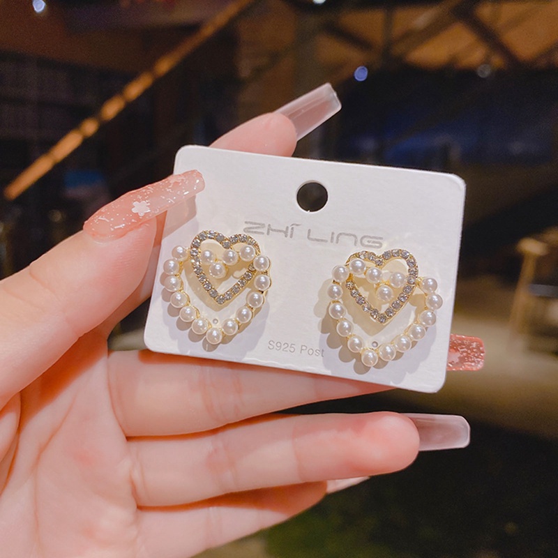 Baru Manis Berlian Imitasi Mutiara Double Heart Stud Earrings Untuk Wanita Gadis Fashion Lucu Perhiasan Pesta Korea Cinta Anting Hadiah