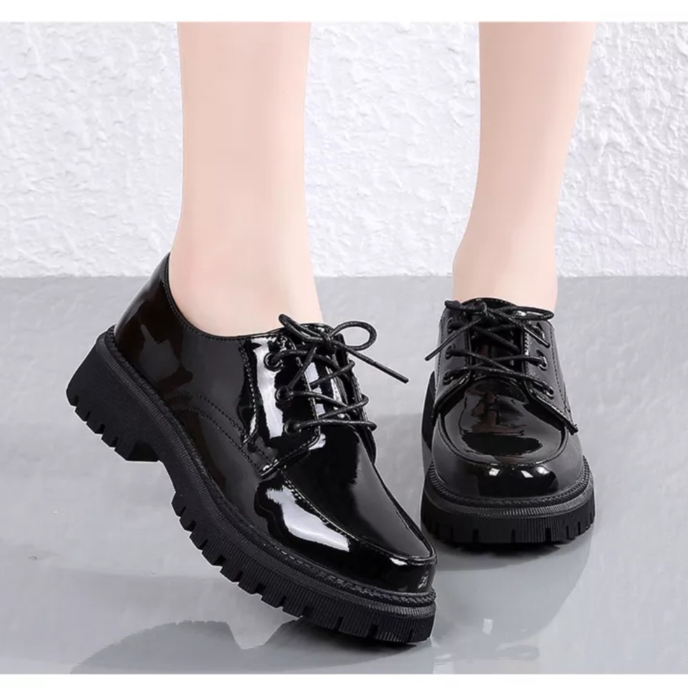 Mary Jane Shoes Sepatu Wanita Elegan Docmart Tali Sepatu Hitam Untuk Kerja / Sekolah