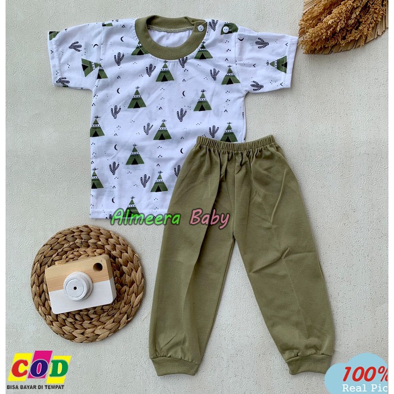 Setelan Baju Bayi Piyama Bayi Lengan Pendek Celana Panjang Kancing Pundak Usia 3-12 Bulan Almeera Baby and Kids