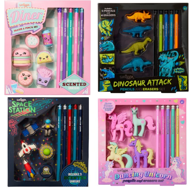 

Smiggle Eraser and Pencil Set/Pencil Smiggle/Unicorn Dinosaurus Airplane Dinner Burger