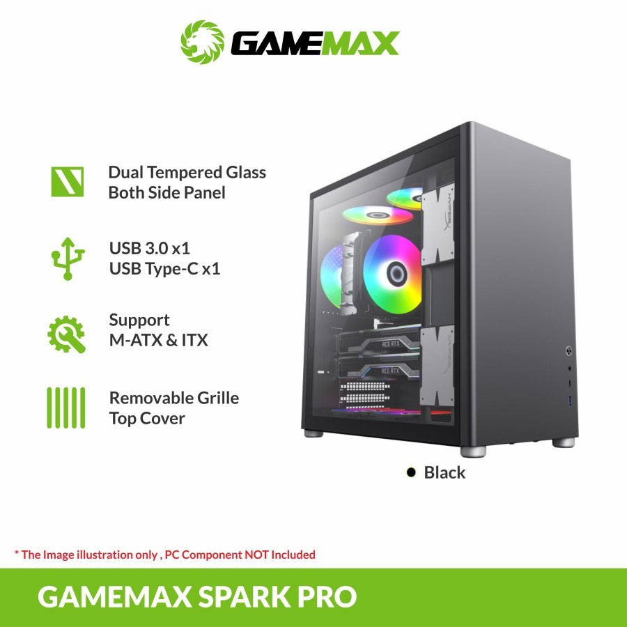GameMax Spark Pro ATX Gaming PC Case - HITAM