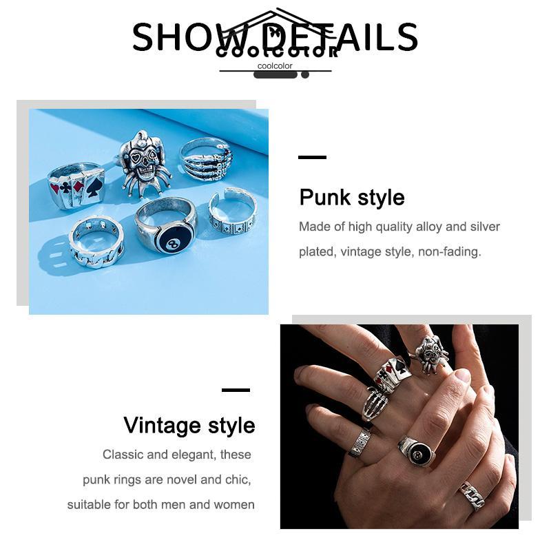 COD❤️6PCS/Set Cincin Unisex  Punk Membesar-besarkan  Badut Poker Cakar Hantu Tengkorak  Perhiasan Bulat Nomor 8- cl
