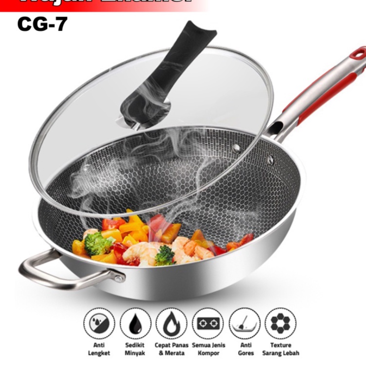 Wajan Penggorengan Frying Pan 34cm Stainless steel CG7 Free Tutup Anti Lengket