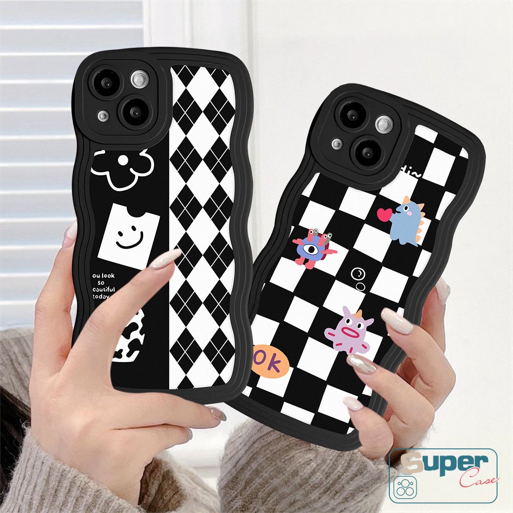 Casing Kotak Kotak Kotak Berlian Papan Catur Untuk Realme C15 C55 C33 C12 8 8Pro C30 C25 C25Y C35 C17 C21Y C11 C25s C20 C20A 9 9Pro+9i 8i C3 7i 5i 6i 57 Monster Kecil Lucu Wavy Edge Soft Case