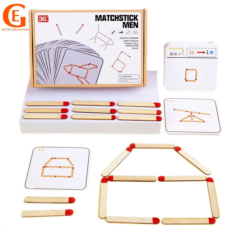 Montessori Matchstick Puzzle Mainan Kayu Mainan Anak DIY Matematika Geometri Permainan Logika Berpikir Latihan Mainan Edukasi Dini