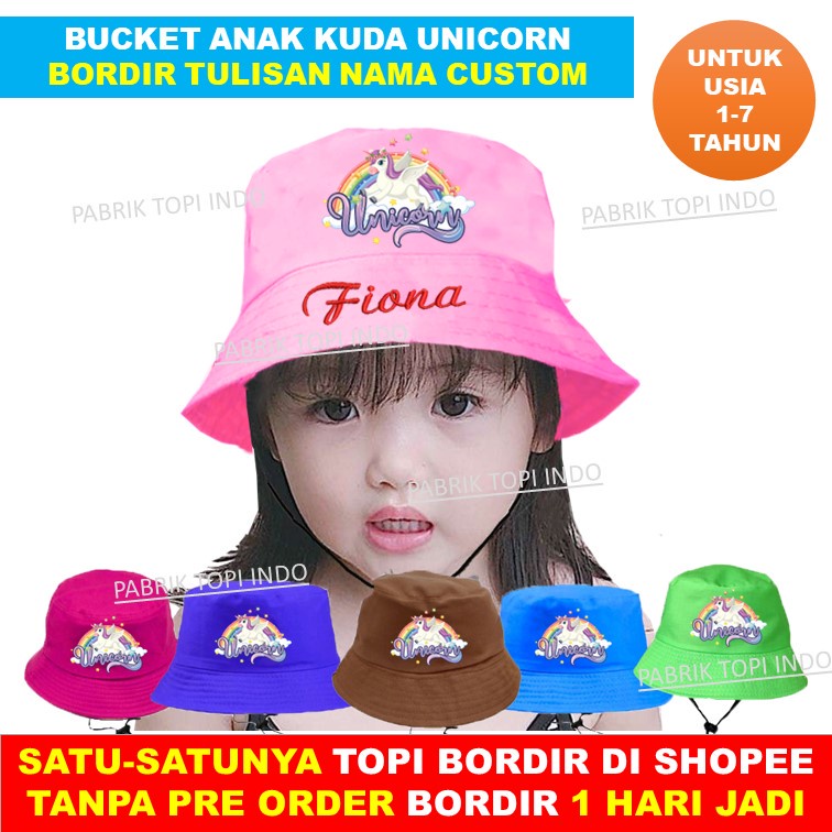 Bucket Anak Unicorn Topi Anak Kuda Tanduk Custom Bordir Nama Umur 1 - 7 Tahun