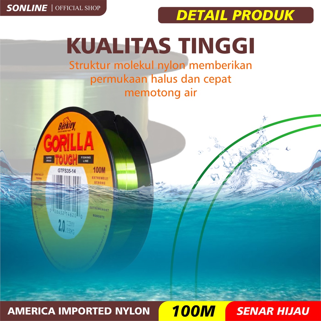 SONLINE Tali Pancing  Berkley Gorilla Tough Warna Hijau Lumut Senar Pancing Amerika 100m Super Kuat &amp; Tahan Bahan Nilon