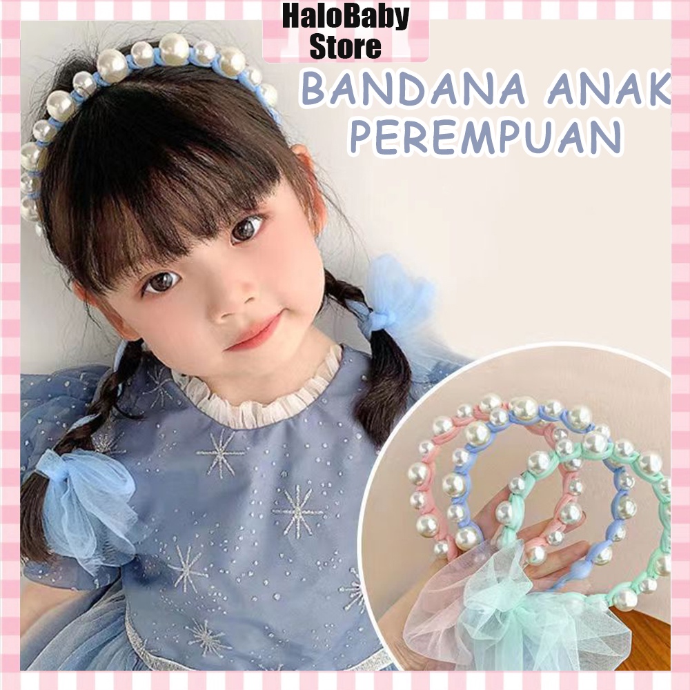 Halo Baby Bandana Mutiara/Bando Anak Pita Tulle Panjang Bisa diikat Gaya