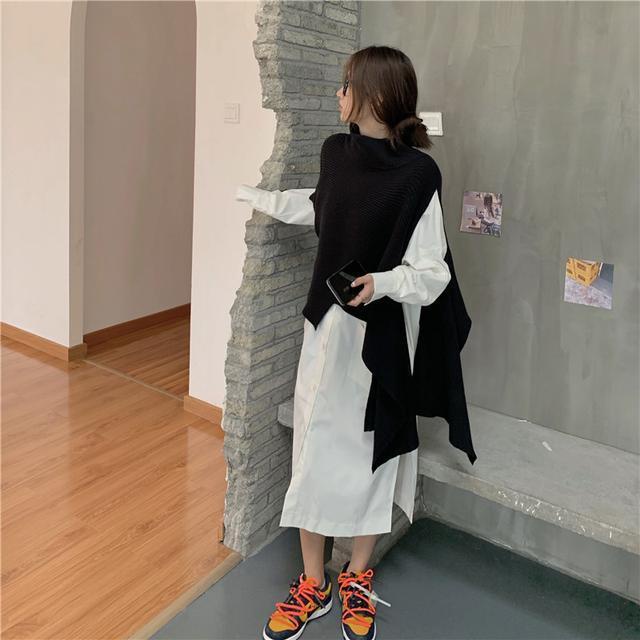 Suhao Gaya Asing One-Piece Suit Wanita Musim Gugur Baru Putih Lengan Panjang Kemeja Gaun Irregular Rajutan Sweater two-Piece Set