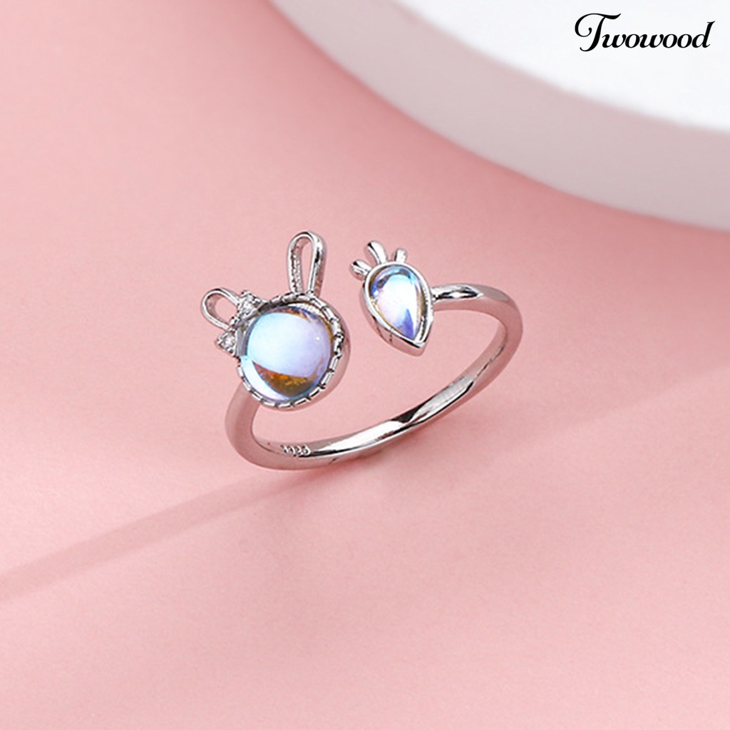 Twowood Wanita Cincin Shiny Faux Moonstone Animal Element Adjustable Opening Design Hadiah Hias Kelinci Kecil Lobak Jari Cincin Perhiasan Pesta Untuk Pacaran