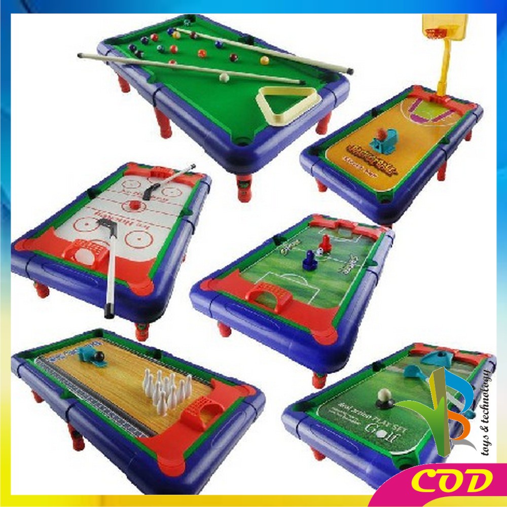 RB-M54 Mainan Anak Laki Laki Game Meja Billiard Multifungsi 6in1 Bola Kaki Bowling Bola Basket Golf