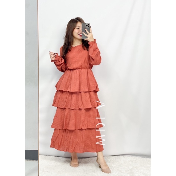 MDLV ~ 81280# Pjg Lingulatia Long Sleeve Tiered Dress Import