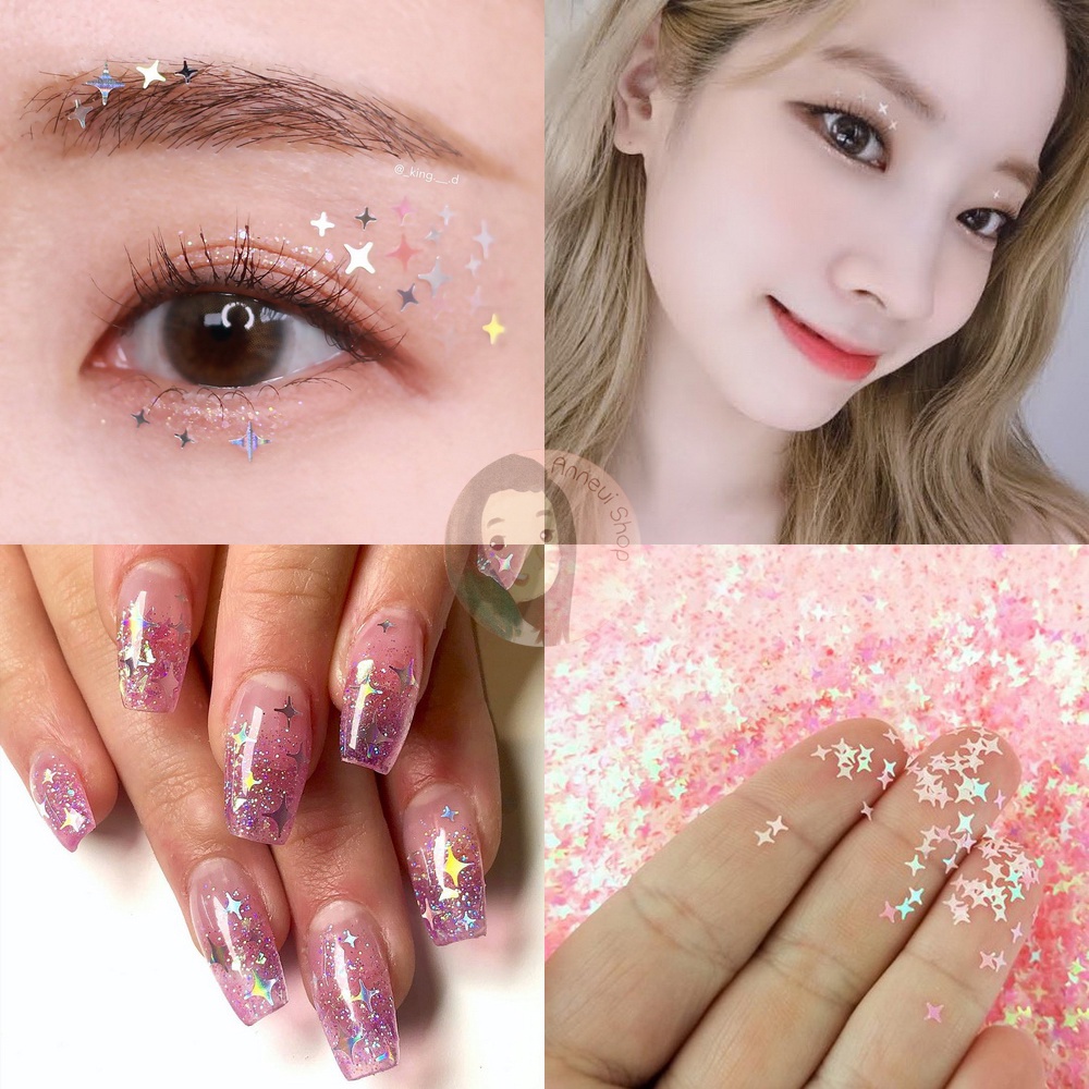 Part 1 - 500 pcs 4 Point Side Star Butterfly Heart Love Glitter Sequins Nail Art Manik-manik Kuku Wajah Craft Kosmetik Hiasan Kuku Eye Korean Make Up Handphone Decorations Wedding Party Cosplay Color Warna Warni