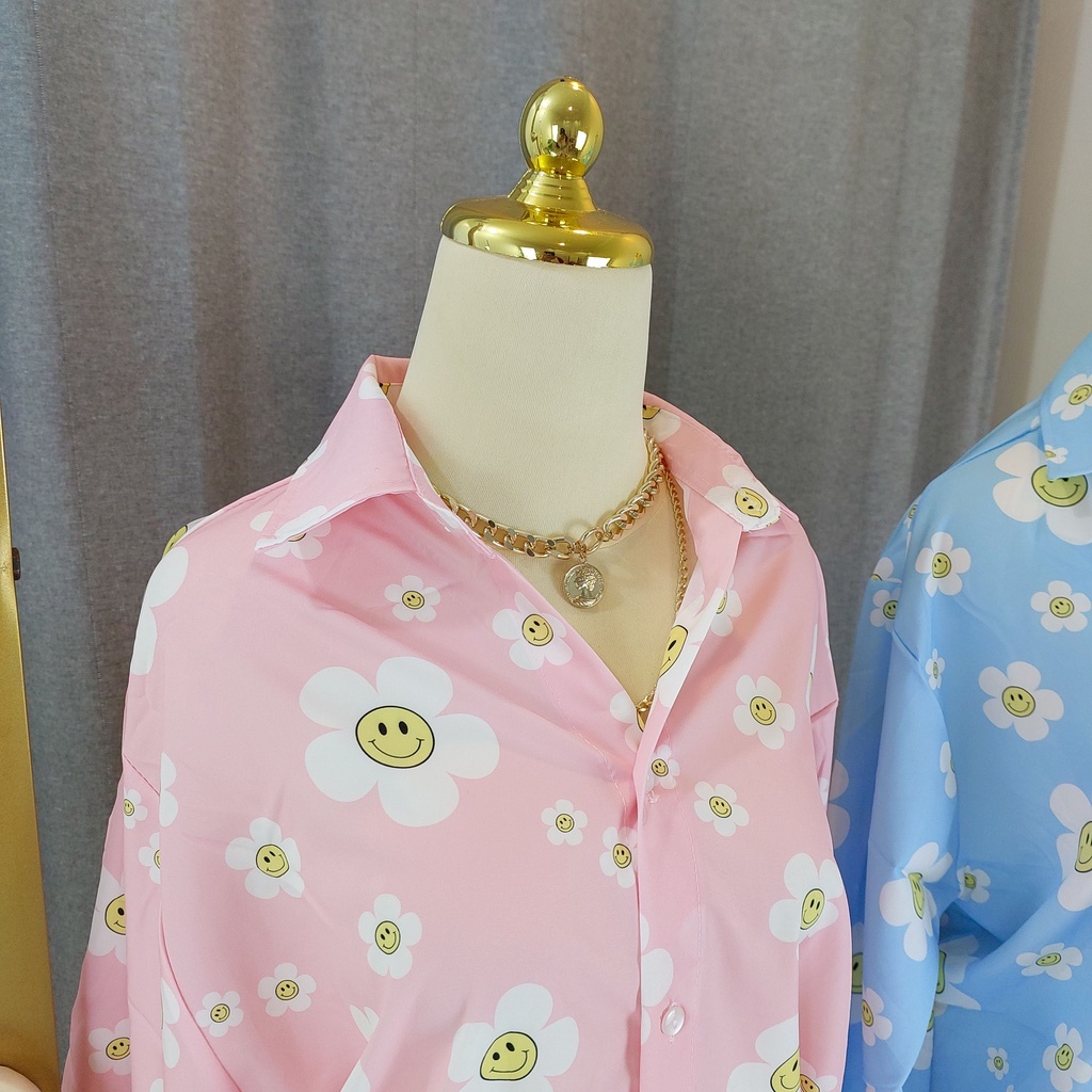 KEMEJA NOK BANGKOK OVERSIZED MOTIF SMILEY FLOWER FASHION WANITA IMPORT BANGKOK