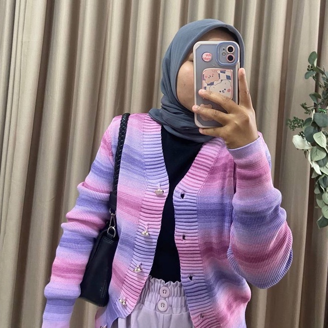 Cardigan Kancing Rajut Wanita Stripe Casual Outer Terbaru