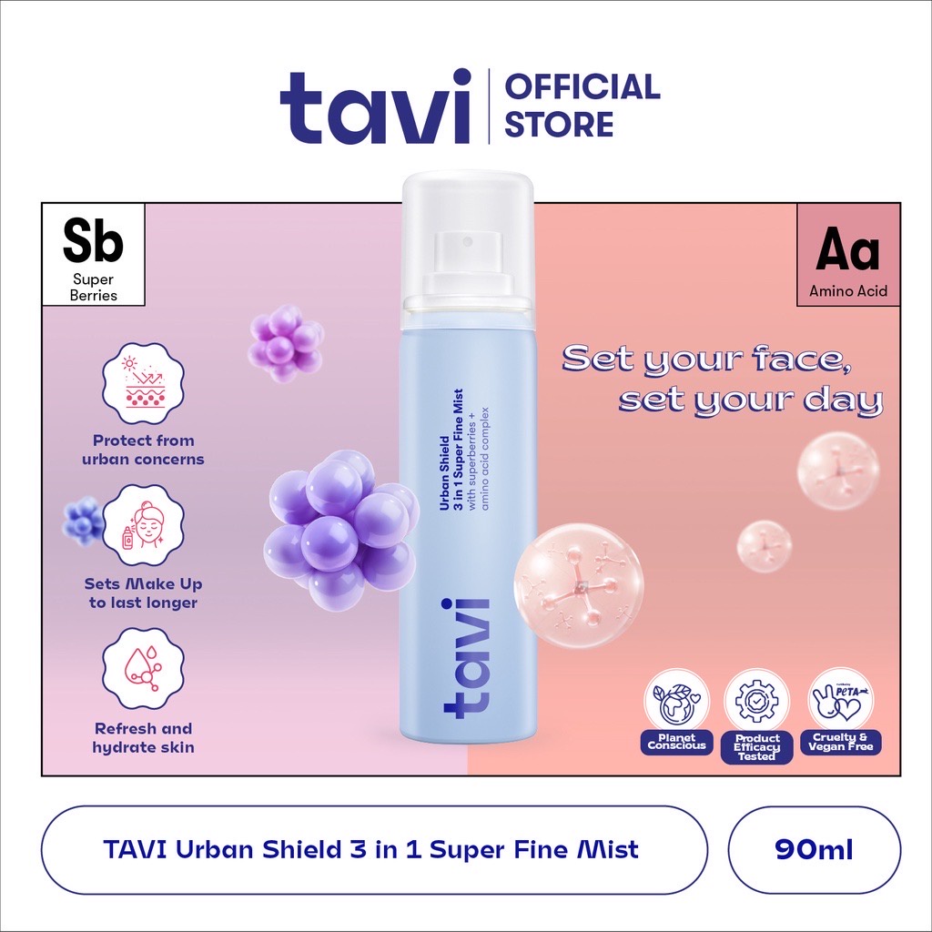 TAVI Urban Shield 3 in 1 Super Fine Mist Indonesia / Pelembab Wajah 90ml / With Superberries + Amino Acid Complex / Melindungi Menghidrasi Melembabkan Hydrating Moisturizer / Spray Base Makeup Prime Base / Skincare Face Care Treatment Perawatan Kulit