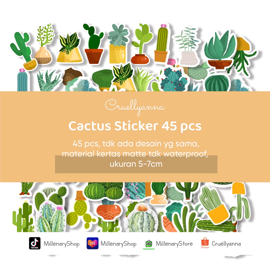 

45pcs Stiker Desain Tanaman Kaktus Hijau Untuk Dekorasi Laptop / Notebook / Diary / Scrapbook