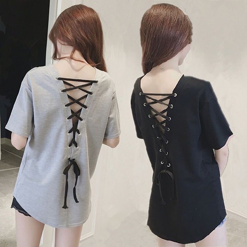 T13 Atasan t shirt perempuan v neck lengan pendek / baju Kaos back less