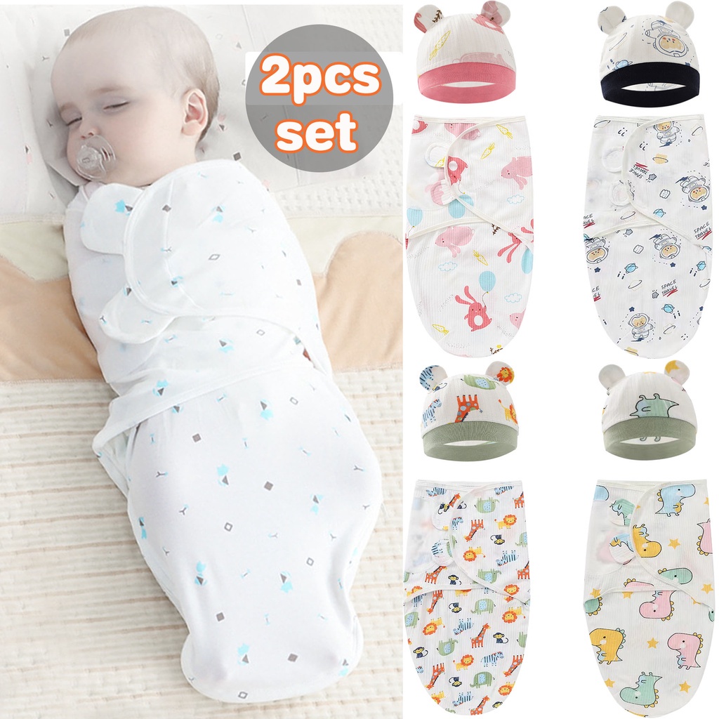 cod 2pcs /set bedong bayi instan &amp; topi swaddle baby newborn sleeping bag katun adem nyerap keringat