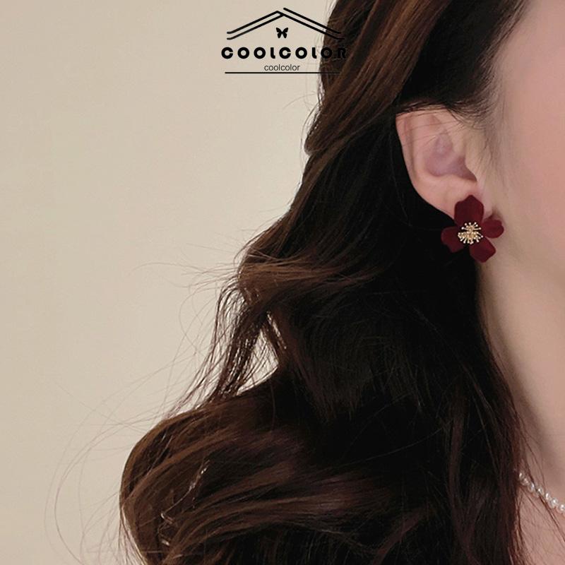 COD❤️Anting Bunga Velvet Earrings Stud Desain Bunga Bahan Velvet Untuk Musim Dingin Gaya Korea  Wanita Fashion Murah