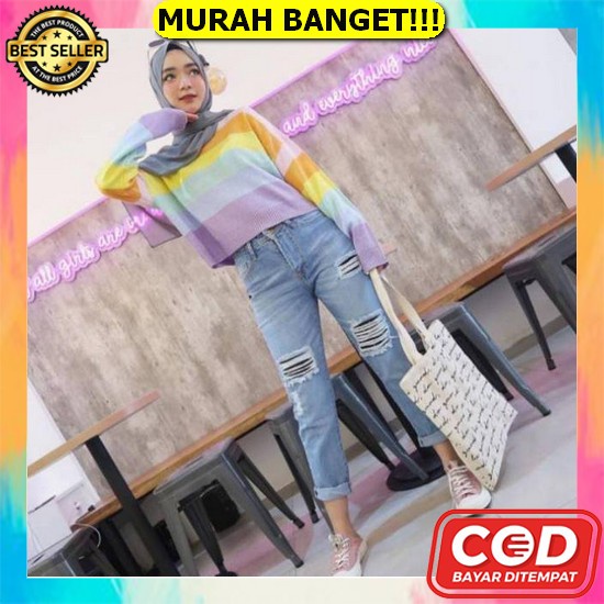 Hitam New High Waist Kekinian Import Jeans Stretch Wanita Fwr - 27-34 Celana Boyfriend Ripped Jeans 