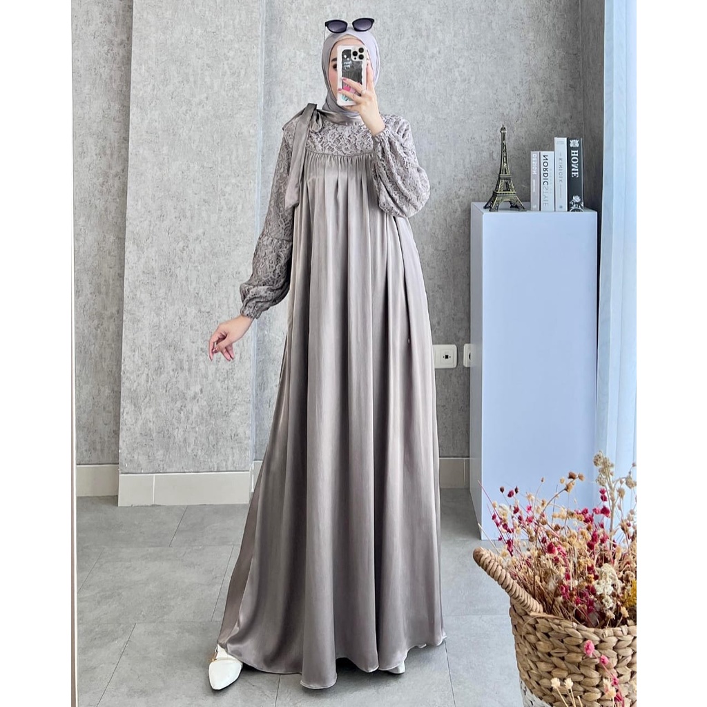 Baju Gamis Wanita Dewasa Yuma Dress Zipper Belakang Bahan Maxmara Premium Mix Brukat Lace Size M L XL Jumbo / Fashion Dress Muslim Wanita Kekinian