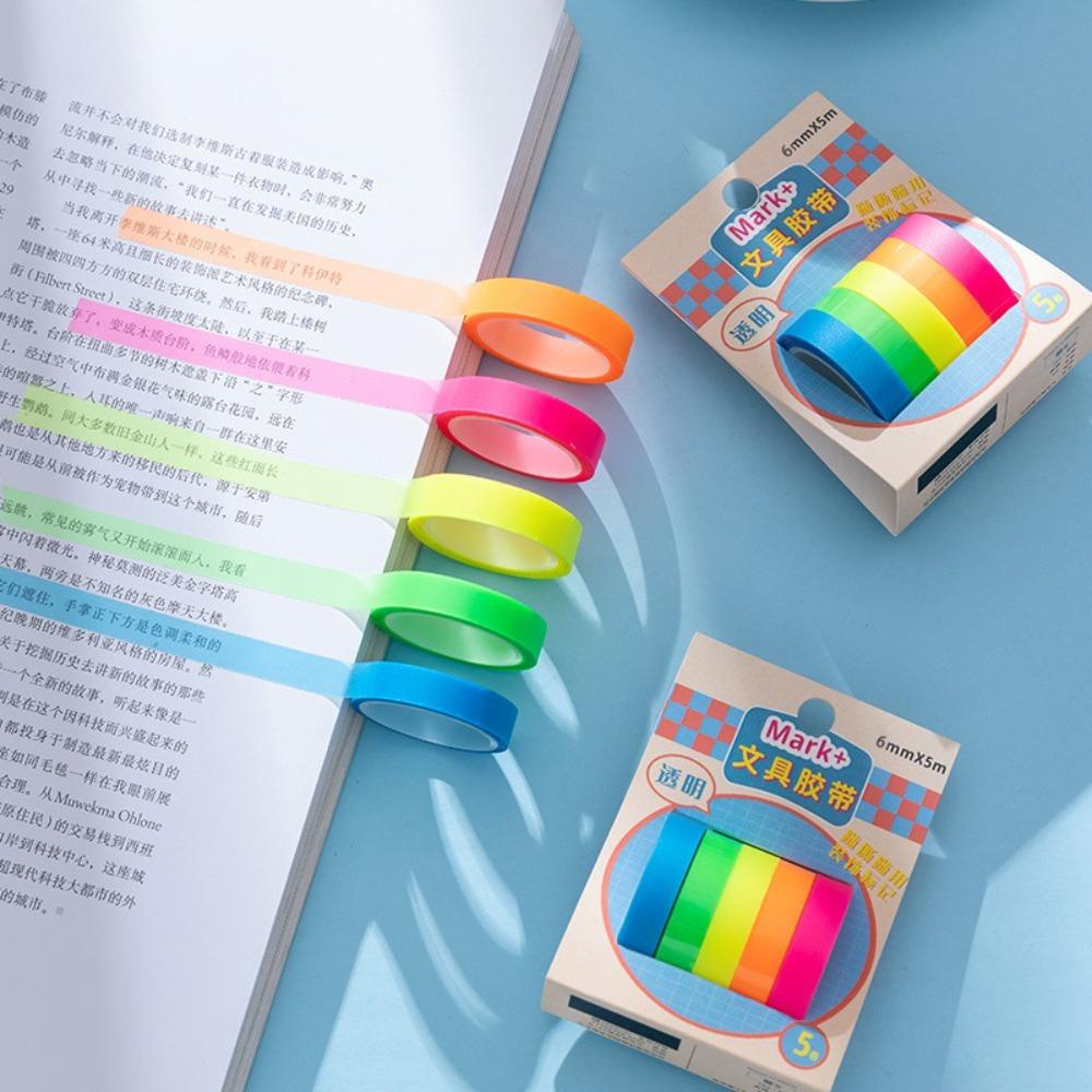 Agustina Selotip Neon 5roll Kawaii Sticky Notes DIY Dekorasi Alat Tulis Siswa Perlengkapan Sekolah Label Bookmark