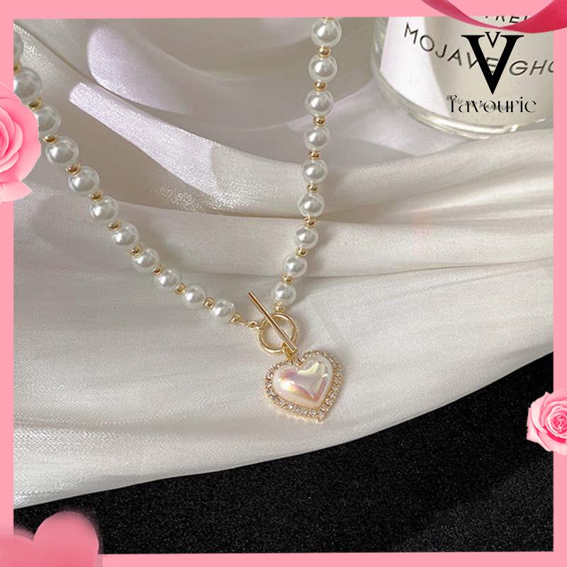CODMewah Liontin Bentuk Hati Vintage Kalung Mutiara Wanita Elegan Rantai Klavikula Pesona-FA