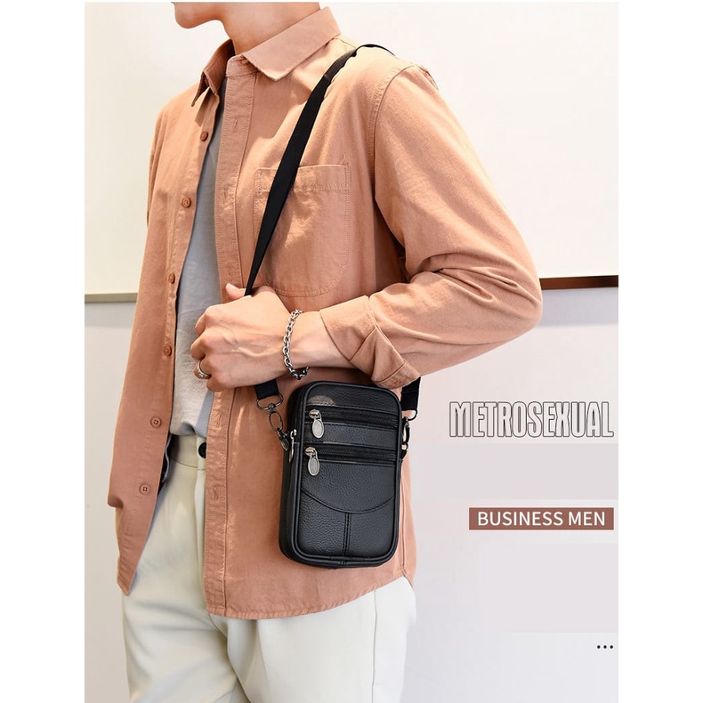 TAS SELEMPANG KULIT IMPORT PRIA MULTIFUNGSI / TAS PINGGANG IMPORT PRIA KULIT / TAS HP PRIA LEATHER - 1006