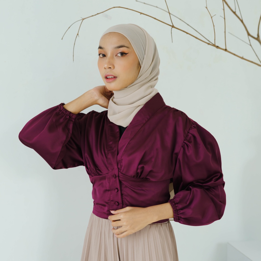 Meina Silk Top - Blouse Satin Crop Wanita Lengan Puff - Atasan Mewah Satin