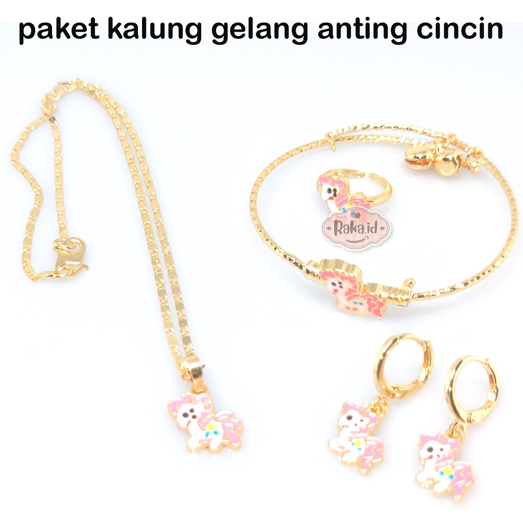 Paket Set Anak Kalung + Gelang + Cincin + Anting Unicorn Pink Gold Perhiasan Anak 737