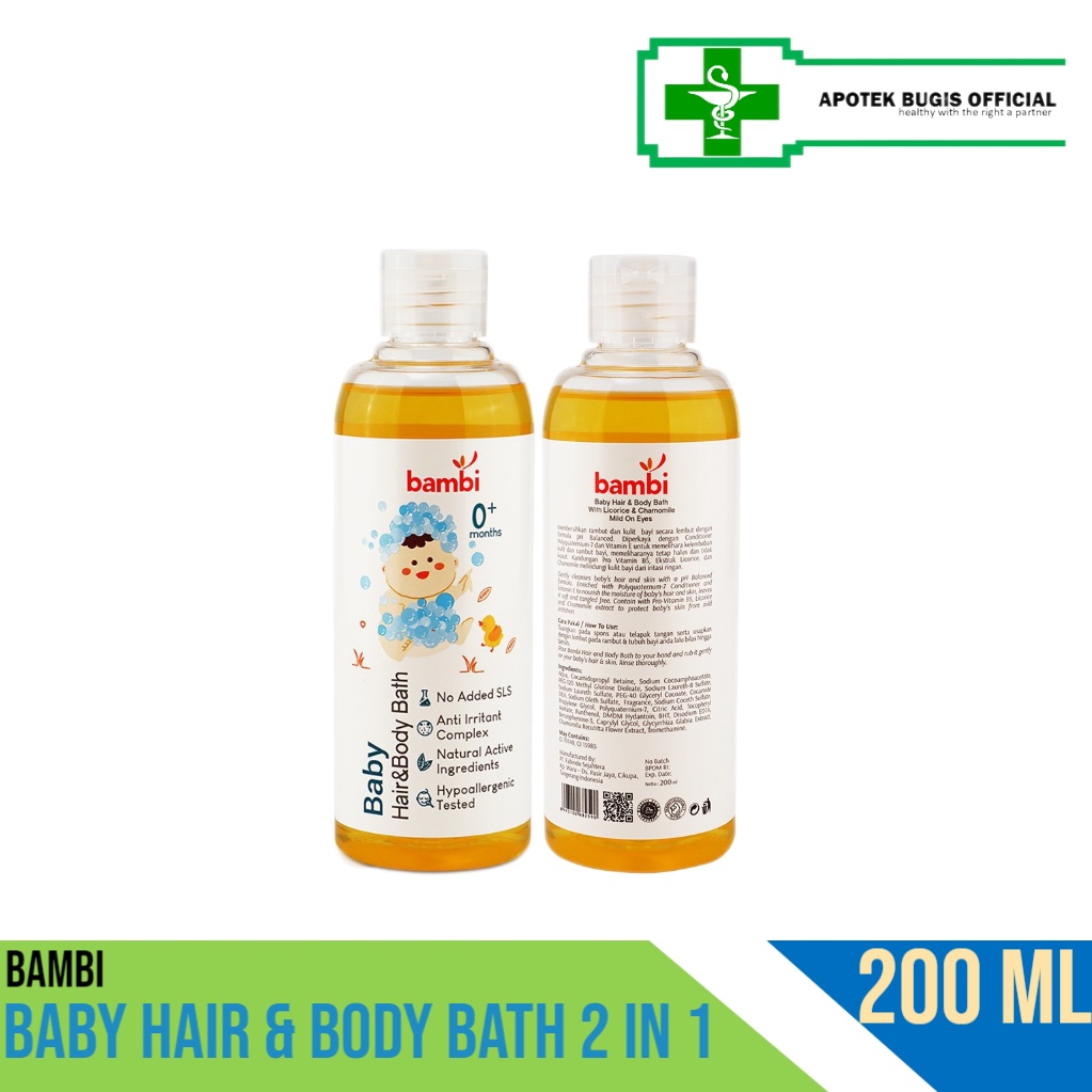 Bambi Baby Hair &amp; Body Bath 2 in 1 200ml | Sabun dan Shampoo Untuk Kulit Bayi Normal - Sensitif | PH Balance