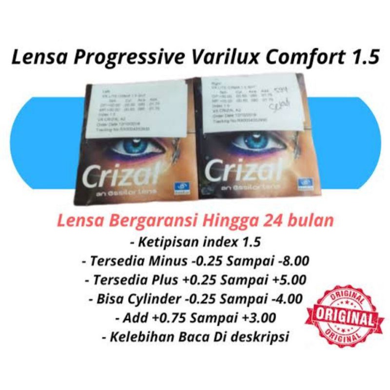 lensa progresif crizal minus,plus dan cylinder + freme yg di inginkan.