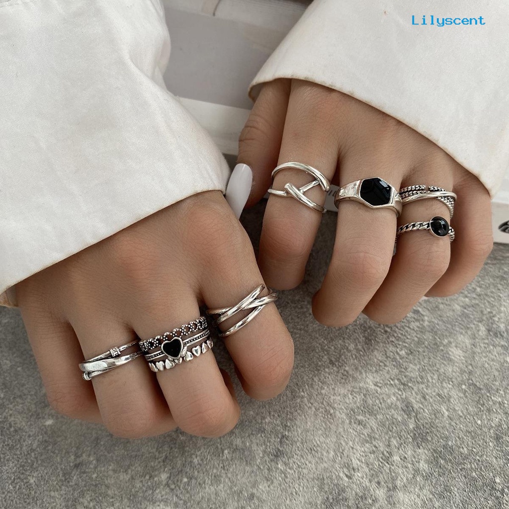 [LS]7Pcs /Set Wanita Cincin Punk Geometris Berlian Imitasi Hias Electroplating Kilau Cerah Dekorasi Hadiah Wanita Silang Hati Knuckle Rings Trendy Perhiasan Untuk Pacaran