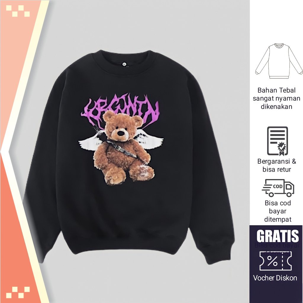 FASHION REMAJA MURAH KECE / Sweater Crewneck Pria Wanita Bear Angel Distro Hitam Cewek Cowok Sweter 