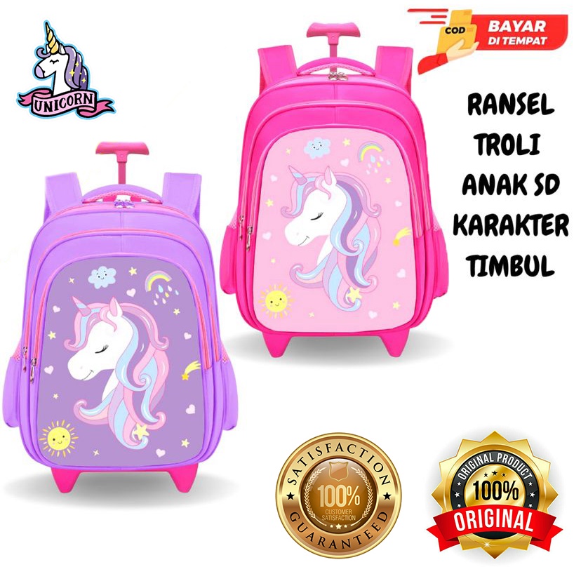 Tas Ransel Troli Anak Perempuan SD Karakter Unicorn Tas Sekolah Import Ransel Troly 3D Emboss Tas Anak Cewe SD Timbul