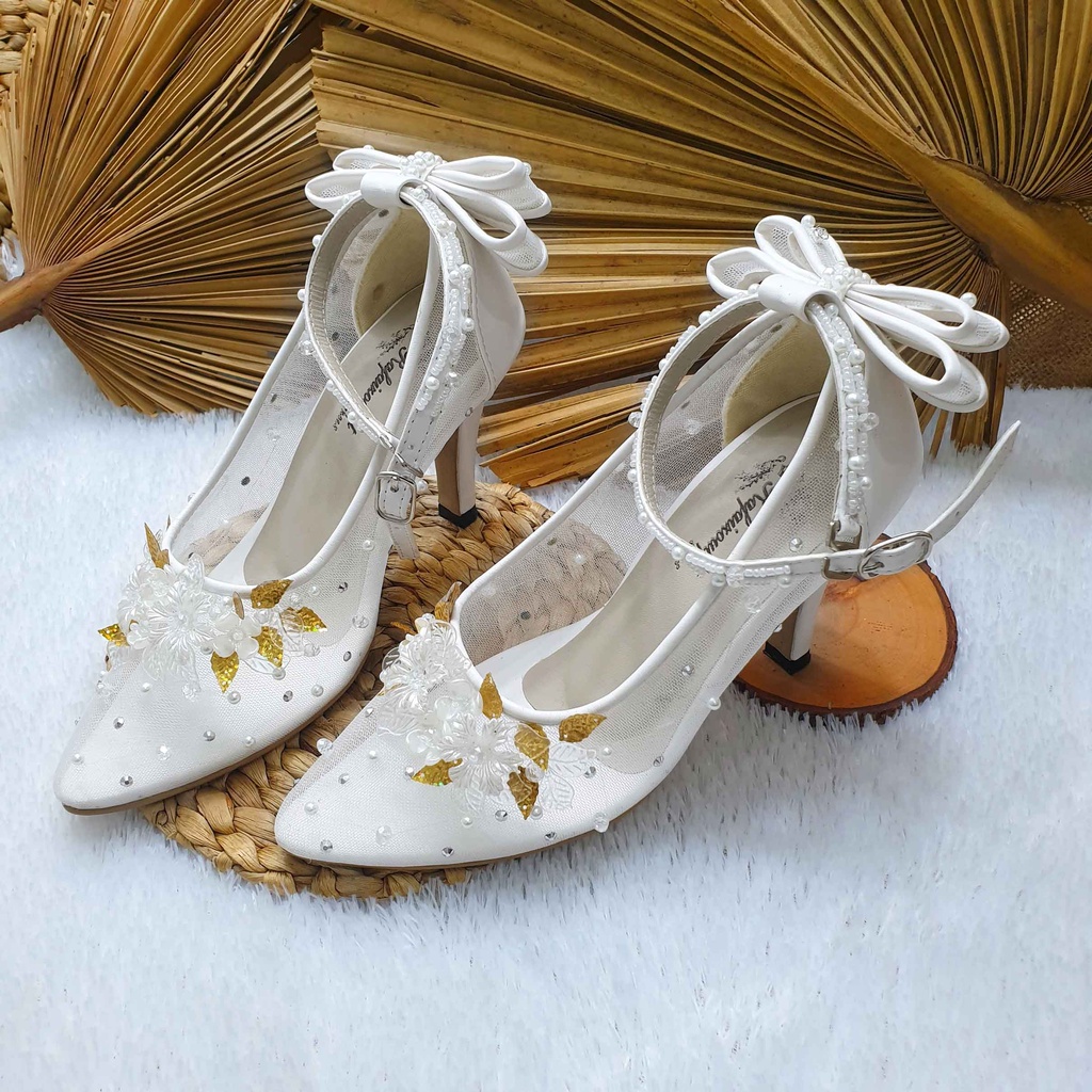 Sepatu wedding cantik Ayyara putih tali pita cantik hak 9 cm