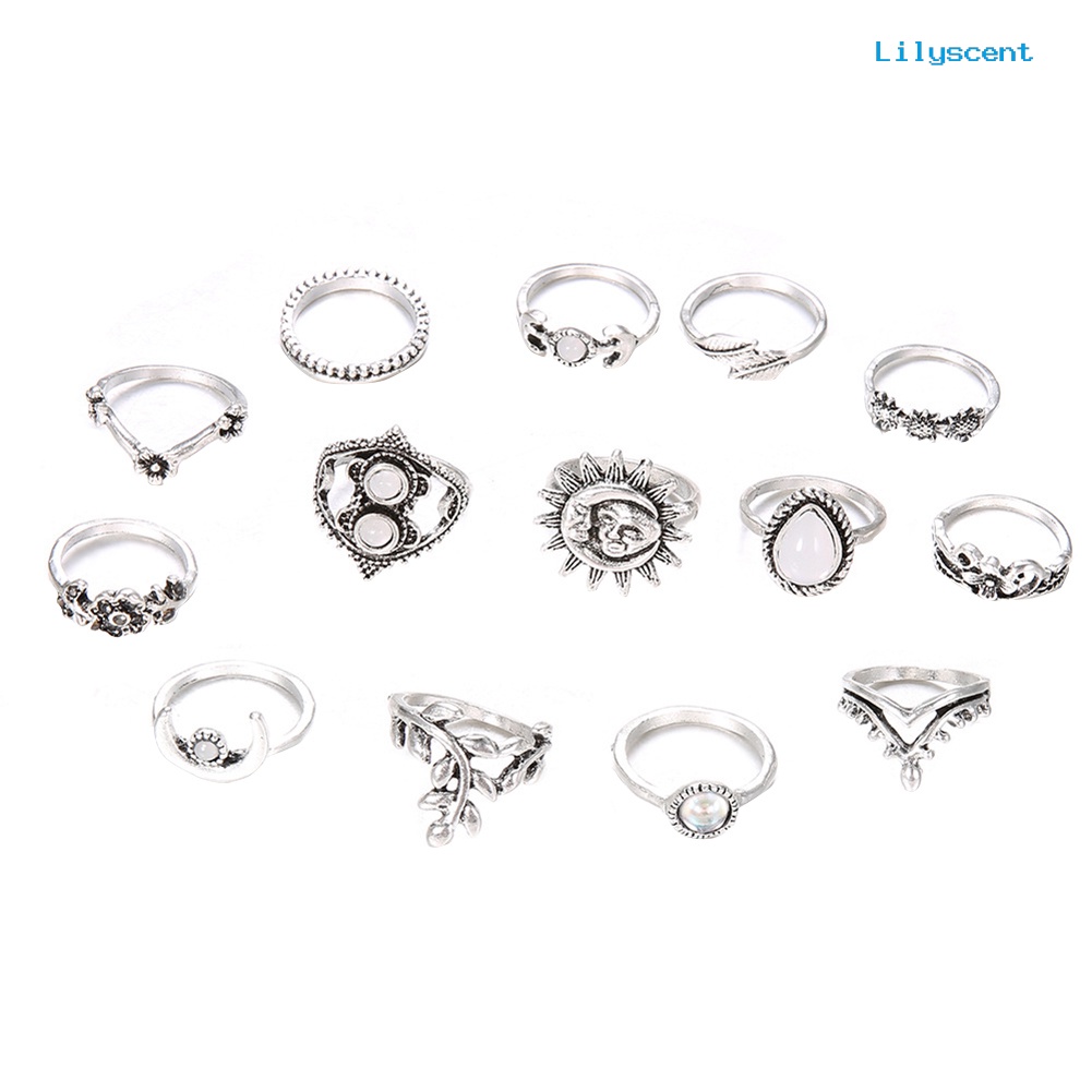 [LS] 14 Pcs Vintage Bunga Matahari Bulan Jari Midi Knuckle Rings Set Wanita Pesta Perhiasan