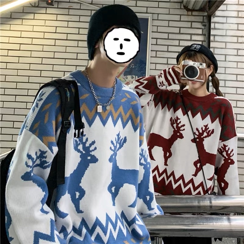 Sweater christmas reindeer baju natal kado hadiah couple twin rudolph 2022 import hangat rajut wanita pria cowok cewek