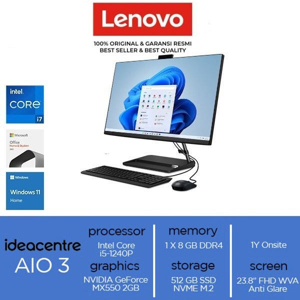 PC AIO LENOVO 3 24IAP7 0NID i5-1260P ram 8GB 512GB MX550 23.8" W11 OHS