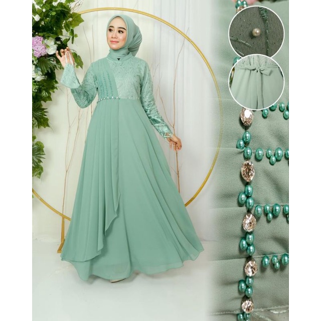 Realpict gamis pesta sage gren//gamis tulle//gamiis pesta modern