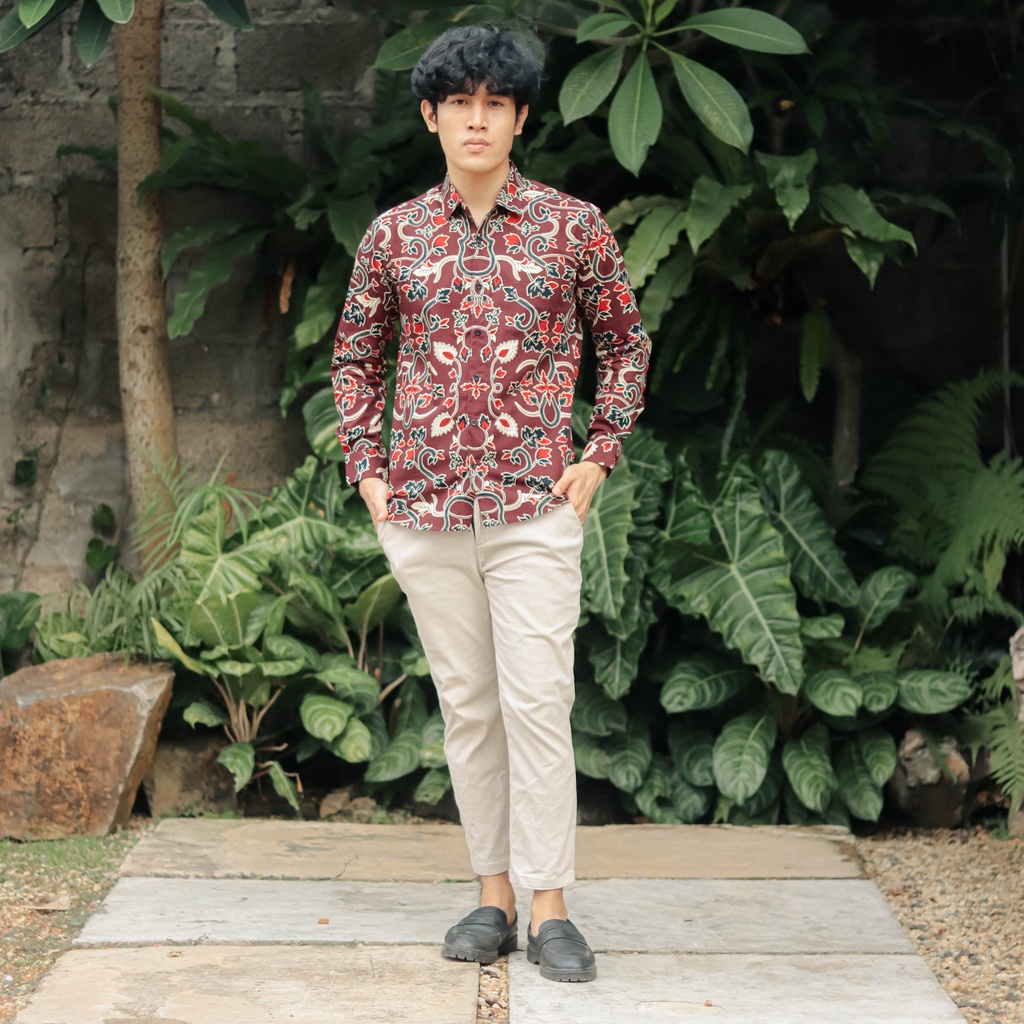 BatikBule Kemeja Batik Slimfit Panjang Motif Casual Warna Maroon &amp; Hijau LBL 1857 &amp; 1858