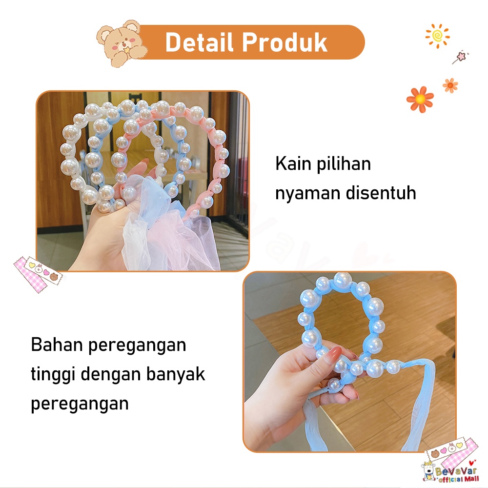 Bevavar Bando Pita Mutiara Tali Kepang/Bandana Mutiara Pita/Headband Mutiara Anak