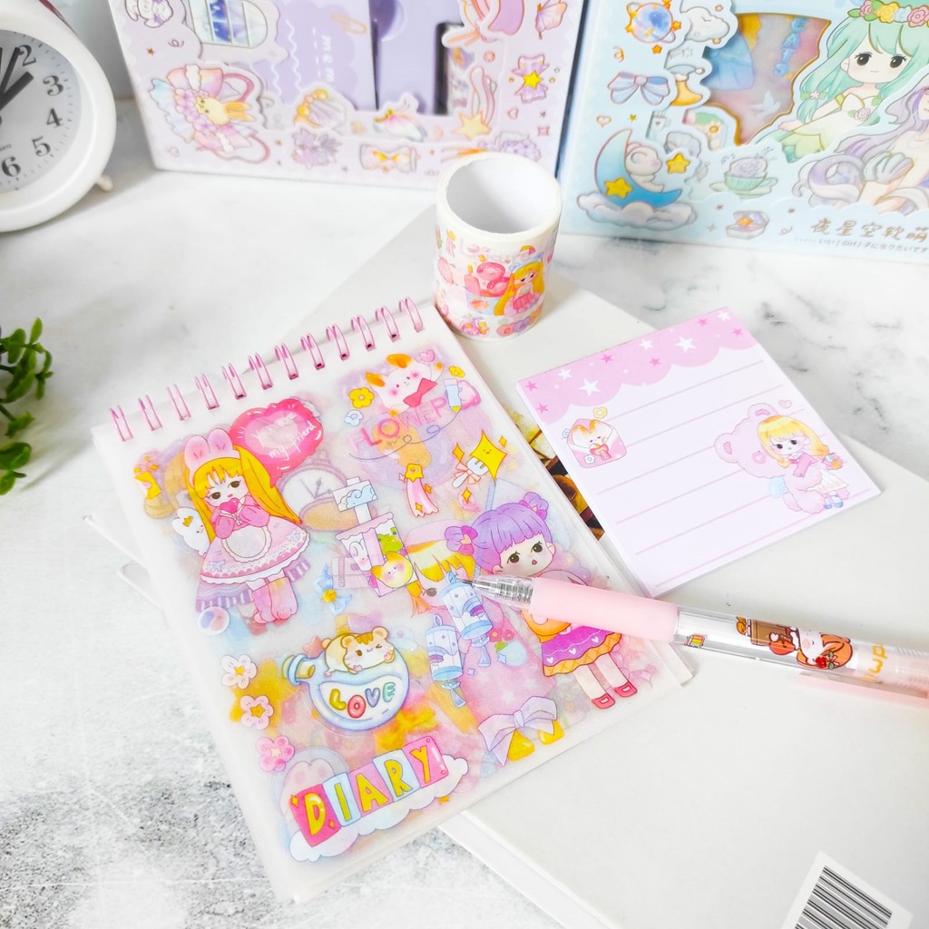 PAKET SET (4 IN 1) STICKER WASHI TAPE STICKYNOTES NOTEBOOK SPIRAL CUTTER PEN SH-4444 LUCU IMUT KARAKTER GAMBAR