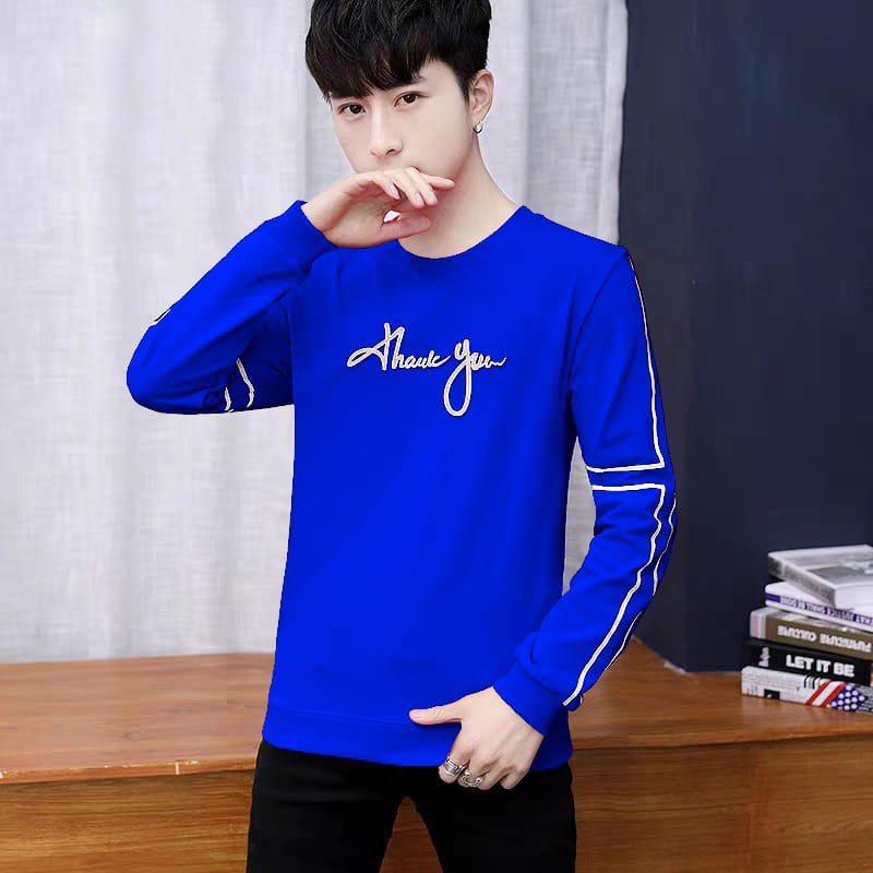 BAJU SWEATER PRIA HITAM POLOS THANKS YOU LENGAN PANJANG